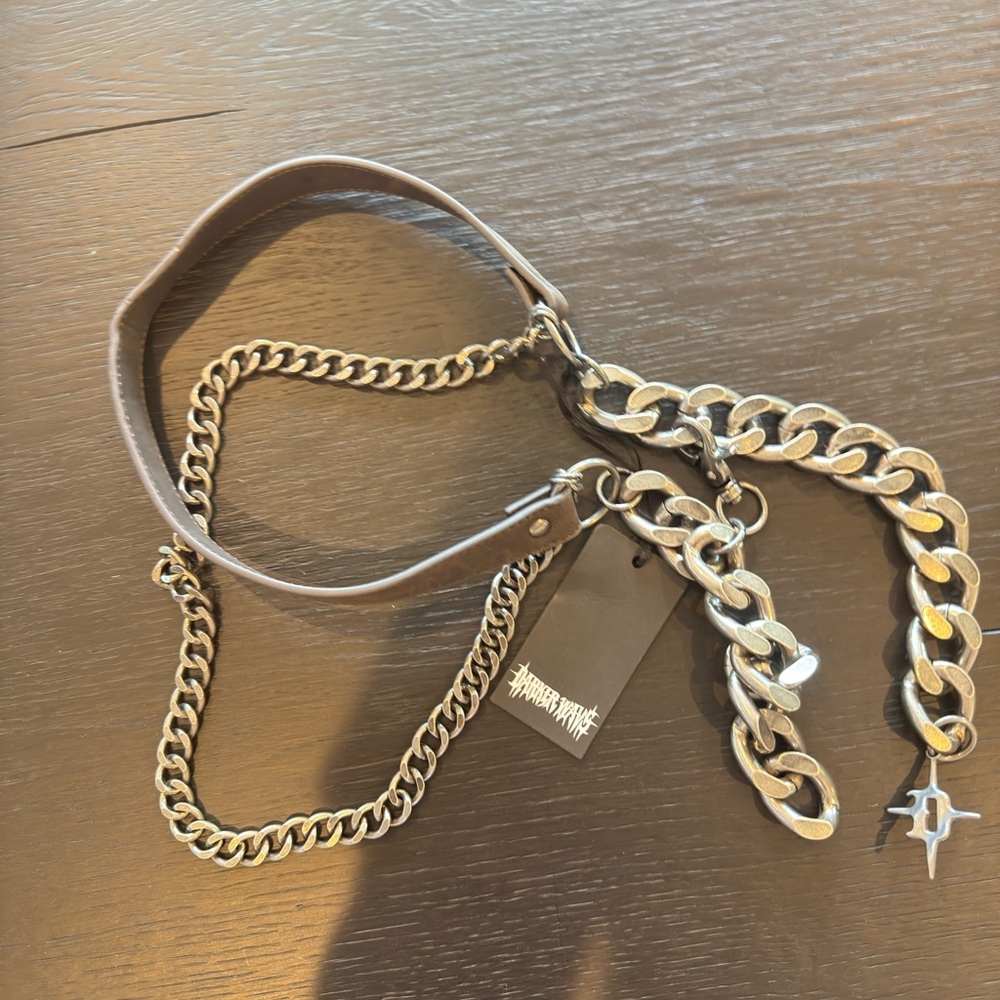 Darker Wavs - Silver Chain Belt with Brown Leather (dolls kill)